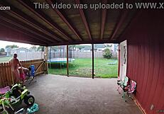 wife sucking and fucking into a creampie on back porch as cars drive by