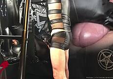 Mistress in black gothic style gets pussy pounded on sex swing