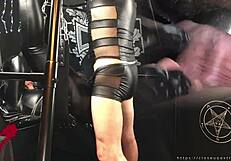 Mistress in black gothic style gets pussy pounded on sex swing