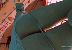 White-dressed tight hairy babe Katy Soroka swimming underwater in pool.