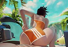 Overwatch Tracer Rides Cock Cowgirl Style at Public Beach, Creampie.