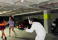 Halloween Threesome with Big Tits Bodybuilder Brunette in Miniskirt and Small Tits Babe!