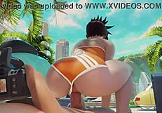 Overwatch Tracer Rides Cock Cowgirl Style at Public Beach, Creampie.