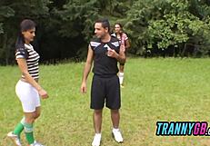 Soccer Trainer Endures Outdoor Gangbang With Oral And Monster Cocks From Transsexuals