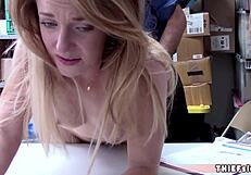 Watch this pretty faced blonde shoplifter pay with her tight pussy!