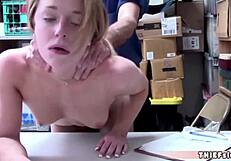 Watch this pretty faced blonde shoplifter pay with her tight pussy!