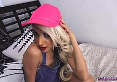 teen blonde experiments with a massive anal dildo, squirting everywhere as the suspended step sis