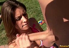 Femdom babe jerks off loser dick outdoors with cumshot!