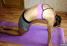 Beautiful teen Ananta Shakti performs nude yoga with long legs exposed