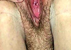 Playing with Her Hairy Pussy Bent Over for Full View