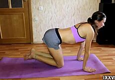 Beautiful teen Ananta Shakti performs nude yoga with long legs exposed