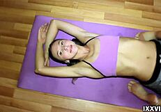 Beautiful teen Ananta Shakti performs nude yoga with long legs exposed