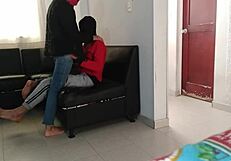 Stepsister milks orgasm from oral in living room.