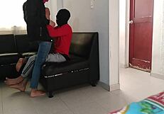 Stepsister milks orgasm from oral in living room.