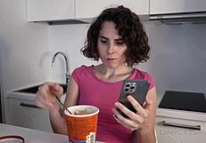 My stepbrother casually films me masturbating in the kitchen