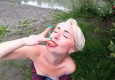 hot blonde enjoys deepthroat in public nature