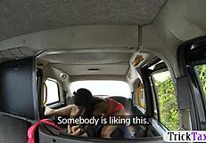busty ebony woman with glasses has sex in the cab during a reality outdoor adventure