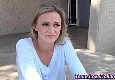 Teen sucking cock in public for a facial