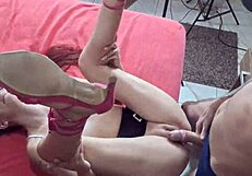 Tribbing lesbians rub their clits together in heels