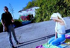 Busty fitness blonde intensely fucks cock outdoors