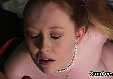 horny beauty devours cum load on her face!