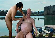 Hot shave by the lake with big cocks teasing shaved pussies