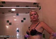 hot blonde milf strips nude and showers in bathroom