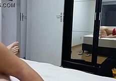 brunette woman assists stepson with oral until climax in mouth