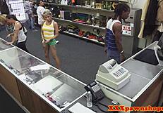 Ebony Babe Strips Hard for Pawnbroker in Wild Reality Hidden Cam Scene.