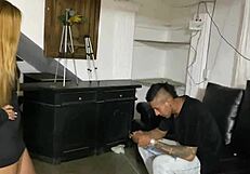 Blonde stepsister desperately fucks stepbrother hard in living room taboo scene