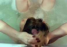 jerking off a hard dick in the bathroom, cumming on her long hair for a cool mask.