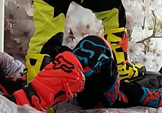 gay biker in motocross costume gets boots tread 😏