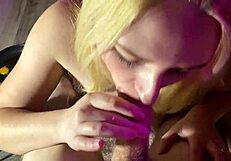 blonde housewife gives juicy blowjob in kitchen, frying pan in hand!