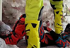 gay biker in motocross costume gets boots tread 😏