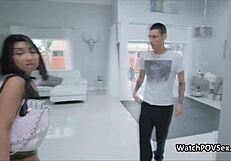 Exotic girlfriend shares boyfriend's cock with sexy trainer in hot threesome