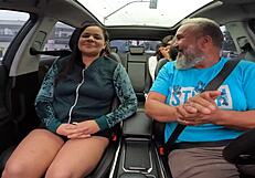 Chris Manauara rides with her brother and strips naked in the car, revealing her juicy tattooed pussy and natural big tits during a dirty talk interview