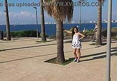 Sexy Long Legs Flash Hairy Pussy on Beach Without Panties