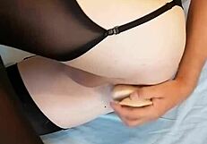 Sissy in pink takes huge anal dildo deep in tight hole