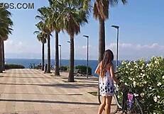 Sexy Long Legs Flash Hairy Pussy on Beach Without Panties