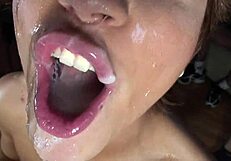 Seventeen uncles bend over the girl with big tits for group oral and bukkake facial on her hairless body.