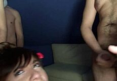 Seventeen uncles bend over the girl with big tits for group oral and bukkake facial on her hairless body.