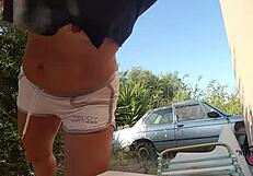 Watch this hot mom flash her sexy ass and pierced pussy outdoors?