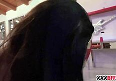 At the Halloween party, the petite teen best friends engage in group pussy fucking with big cocks.