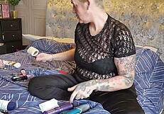 i'm checking out my mature slut's shaved pussy close up with tattoos