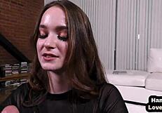 Dirty babe talks dirty while wanking cock after rubbing pussy!