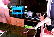 Shaved Pussy Fucked by Monster Cock in Kitchen