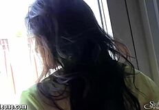 Sunnyleone Strips as Naughty Brunette Babe in Sexy Lingerie