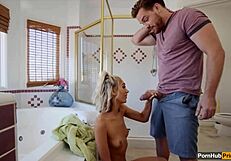 Blonde friend gets hardcore fucking in bathroom with facial