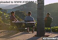 Hey, watch this gay couple threesome bang hot neighbor Trevor Harris, Ryder Owens, Blain O'Connor