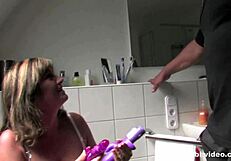 Chubby german milf sucks big tits and fucks hard in the bathroom.